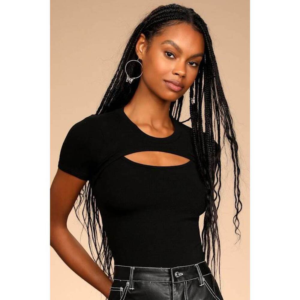 Lulus Flirty Little Secret Black Ribbed Cutout Short Sleeve Top - Size M